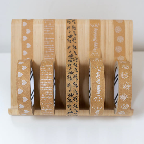 5 patterned paper tapes displayed on bamboo stand